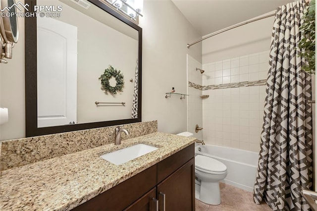 full bathroom featuring shower / tub combo with curtain, tile patterned floors, toilet, and vanity