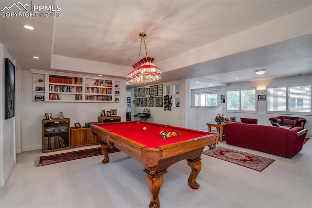 playroom with light carpet and pool table