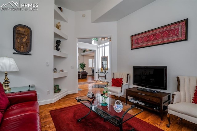 living room with hardwood / wood-style floors and built in shelves