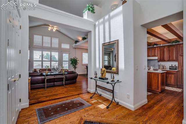 interior space featuring ceiling fan, high vaulted ceiling, and dark hardwood / wood-style flooring