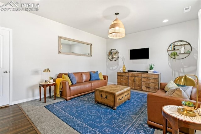 living room featuring dark wood-type flooring