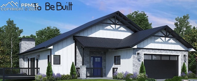 modern farmhouse featuring a garage, stone siding, board and batten siding, and a chimney