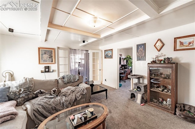 living room with carpet floors, beam ceiling, and french doors