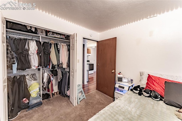 carpeted bedroom with a closet and a textured ceiling