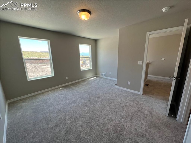 carpeted empty room featuring a textured ceiling