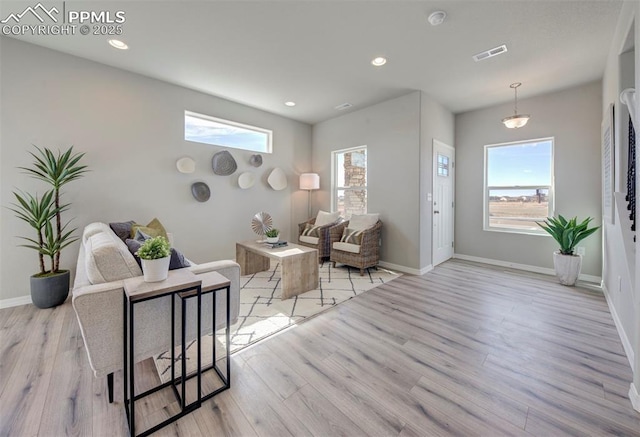 living room with a wealth of natural light and light hardwood / wood-style flooring