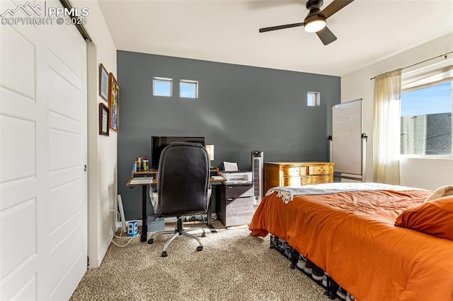 bedroom with carpet floors and ceiling fan