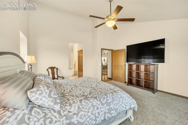 bedroom with carpet, high vaulted ceiling, and ceiling fan