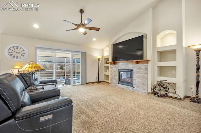 living room featuring a stone fireplace, high vaulted ceiling, carpet flooring, ceiling fan, and built in shelves