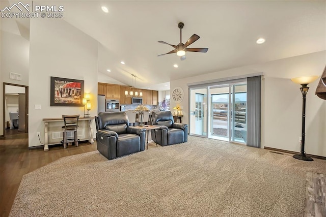 living room featuring high vaulted ceiling and ceiling fan