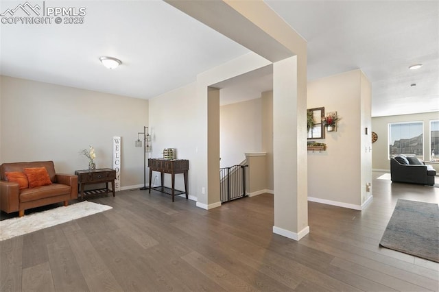 sitting room with dark wood-type flooring