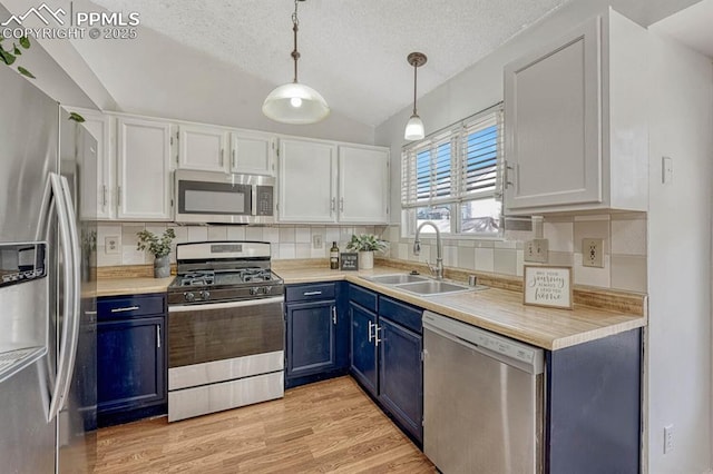 kitchen featuring blue cabinetry, vaulted ceiling, stainless steel appliances, and a sink