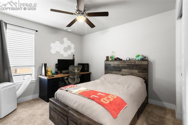 carpeted bedroom featuring ceiling fan