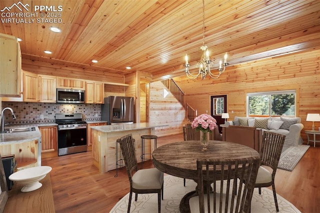 dining area with sink, wooden walls, wooden ceiling, a chandelier, and light wood-type flooring