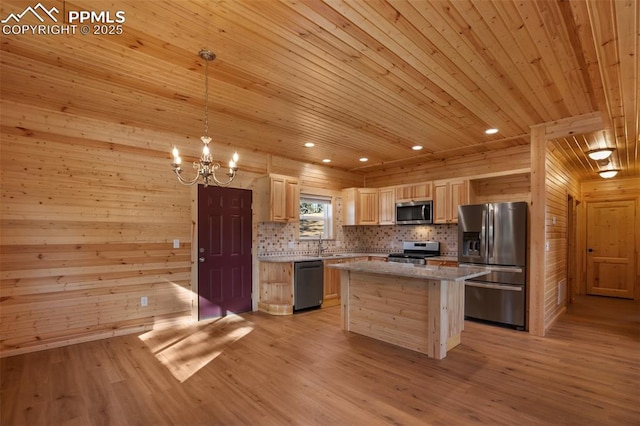 kitchen with pendant lighting, wood ceiling, stainless steel appliances, a center island, and light brown cabinetry