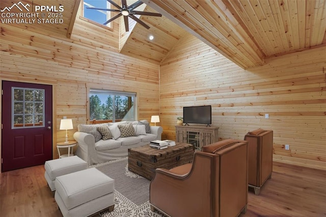 living room with ceiling fan, high vaulted ceiling, wood ceiling, and light hardwood / wood-style floors