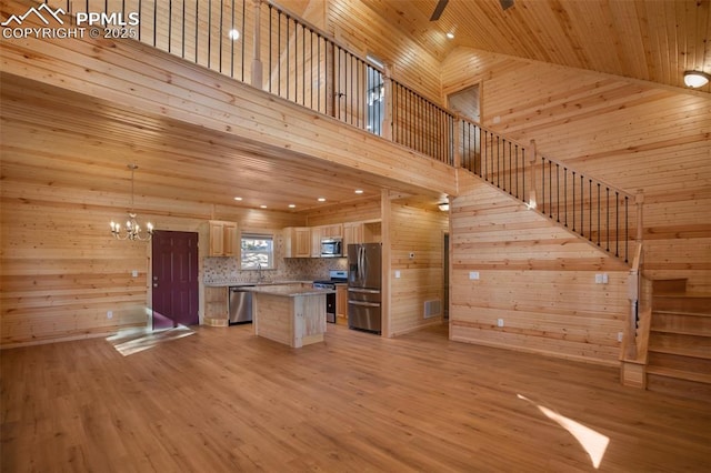 kitchen featuring wood ceiling, a center island, appliances with stainless steel finishes, wooden walls, and pendant lighting