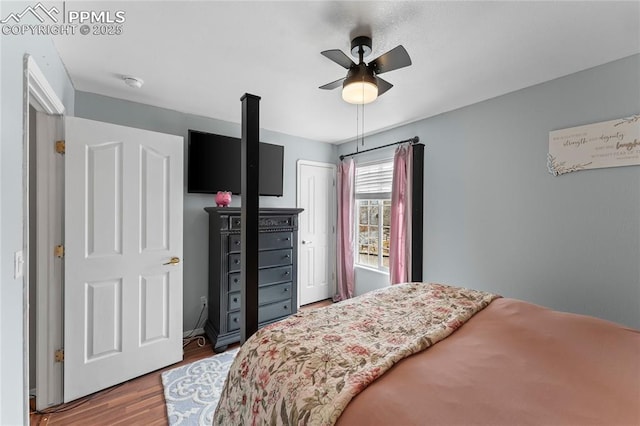 bedroom featuring ceiling fan and hardwood / wood-style floors