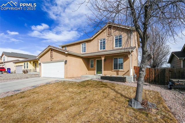 front facade with a garage and a front lawn