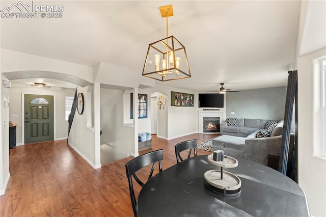 dining room with wood-type flooring and ceiling fan with notable chandelier