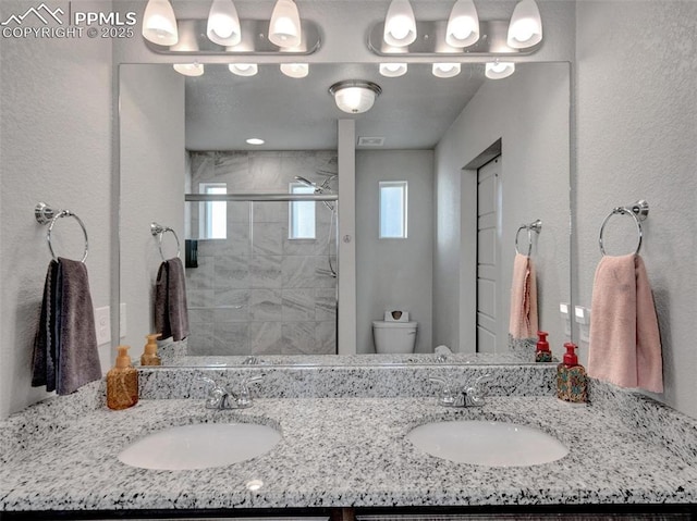 bathroom featuring vanity, plenty of natural light, a shower with door, and toilet