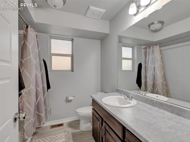 bathroom featuring vanity, a shower with shower curtain, and toilet