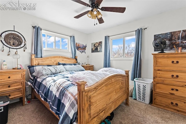 carpeted bedroom featuring ceiling fan