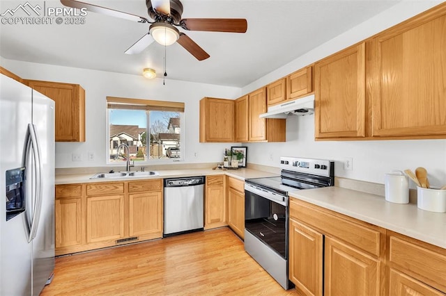 kitchen with ceiling fan, appliances with stainless steel finishes, sink, and light hardwood / wood-style flooring