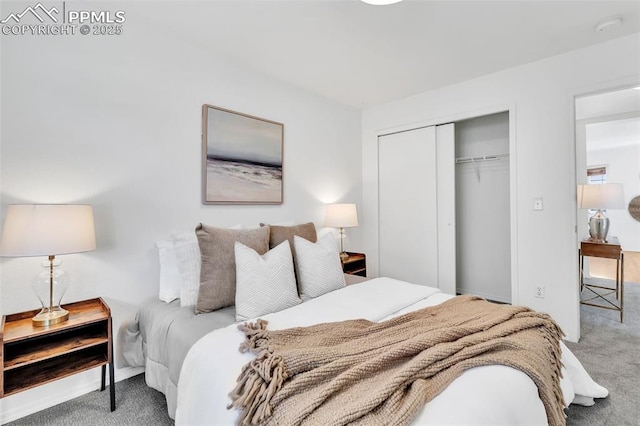 bedroom featuring carpet flooring and a closet