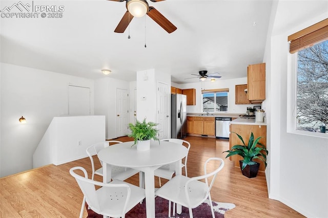 dining area featuring sink and light wood-type flooring