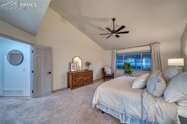 bedroom with ceiling fan, high vaulted ceiling, and light carpet