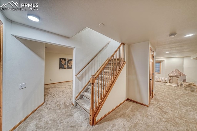 staircase featuring carpet