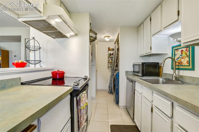 kitchen with light tile patterned floors, electric range oven, dishwasher, under cabinet range hood, and a sink