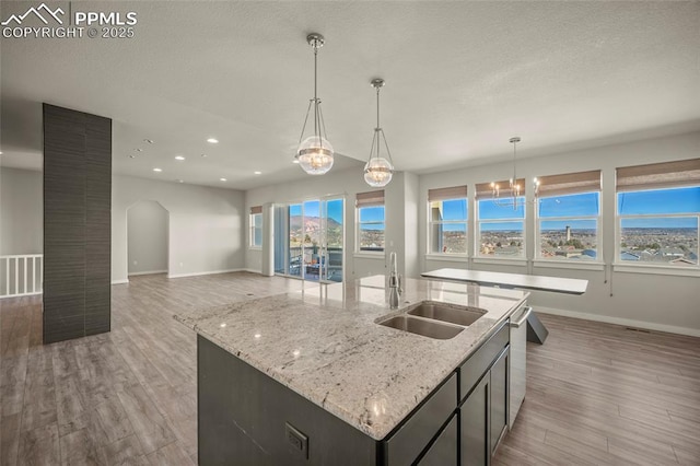 kitchen featuring a sink, baseboards, light wood-type flooring, an island with sink, and pendant lighting