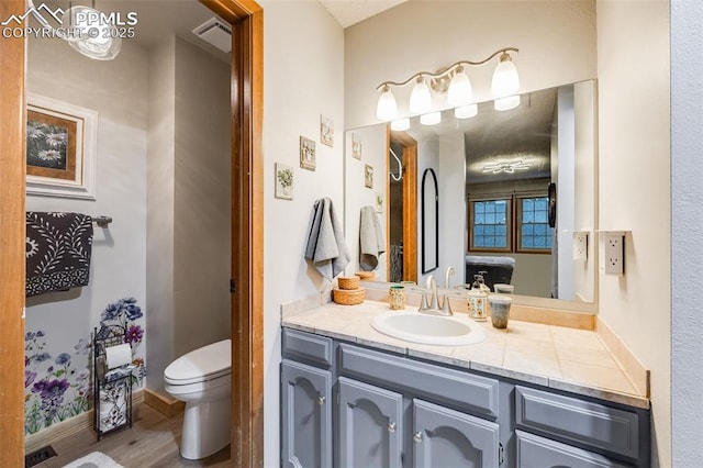 bathroom with hardwood / wood-style flooring, vanity, and toilet