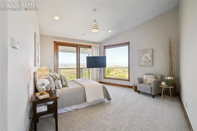 carpeted bedroom with lofted ceiling and access to outside