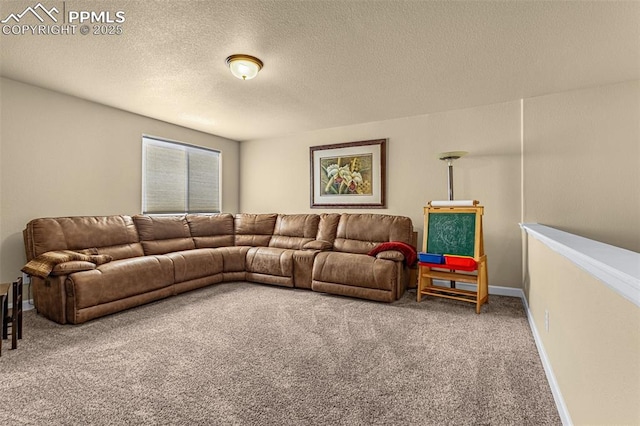 living area with carpet flooring, a textured ceiling, and baseboards