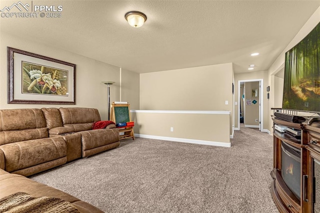 living room with carpet, baseboards, a textured ceiling, and recessed lighting