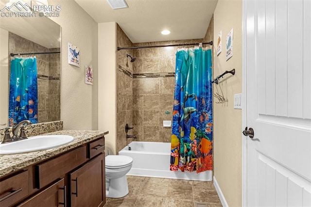 bathroom featuring shower / tub combo, visible vents, vanity, and toilet