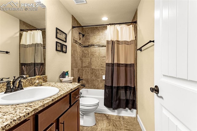 full bath with shower / bath combination with curtain, visible vents, toilet, vanity, and tile patterned flooring