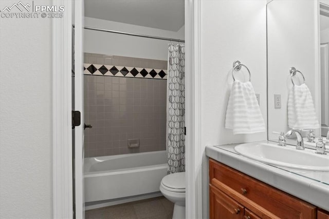 full bathroom with tile patterned flooring, vanity, shower / bath combination with curtain, and toilet