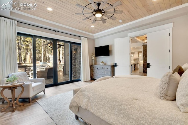 bedroom with ornamental molding, a tray ceiling, access to outside, and wooden ceiling