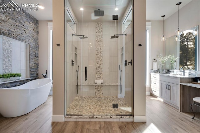 bathroom featuring vanity and shower with separate bathtub