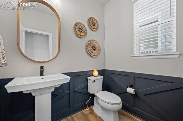 bathroom with hardwood / wood-style flooring and toilet