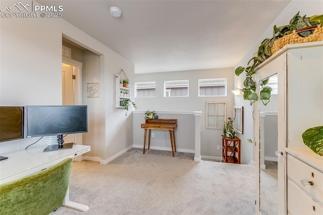 interior space featuring light colored carpet