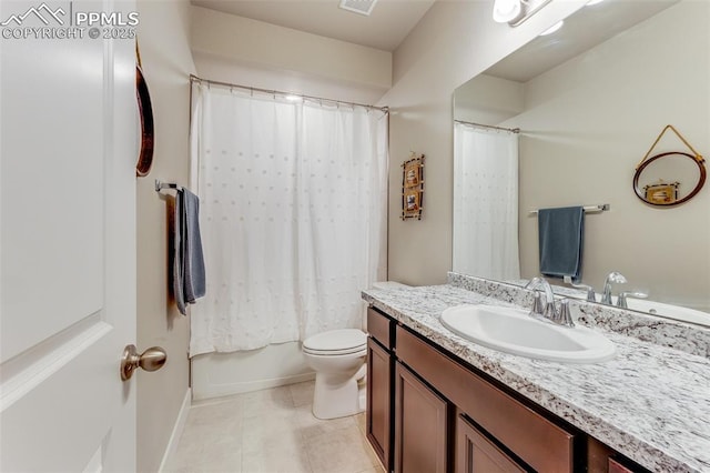 full bathroom with shower / bathtub combination with curtain, vanity, tile patterned flooring, and toilet