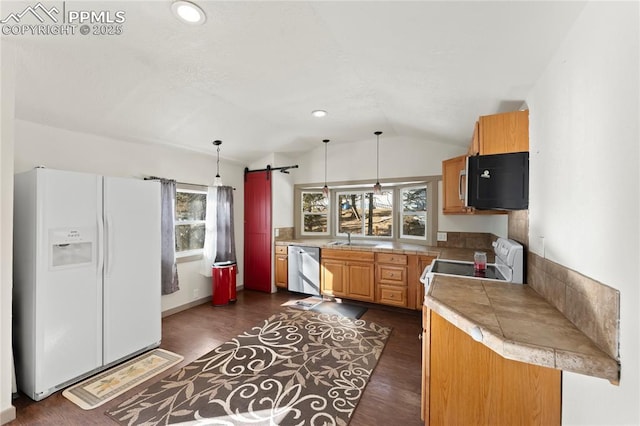 kitchen with vaulted ceiling, appliances with stainless steel finishes, kitchen peninsula, a wealth of natural light, and pendant lighting