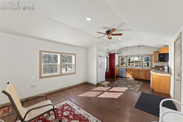 kitchen with a wealth of natural light, vaulted ceiling, stainless steel dishwasher, and dark wood-type flooring