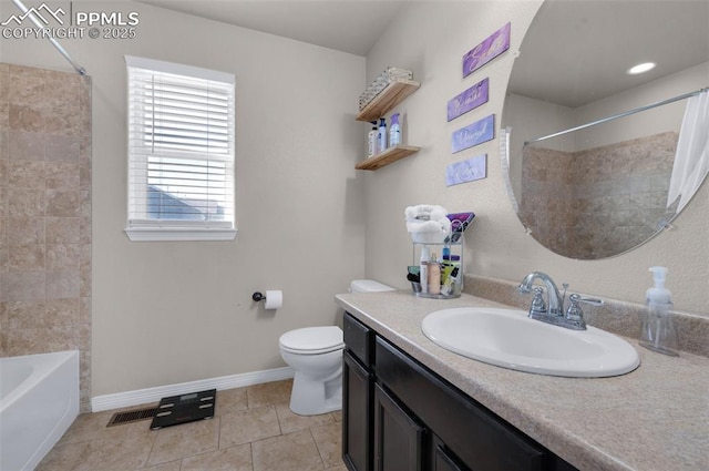 full bathroom featuring vanity, bathing tub / shower combination, tile patterned floors, and toilet