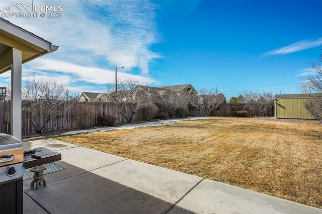 view of yard featuring a storage shed and a patio area